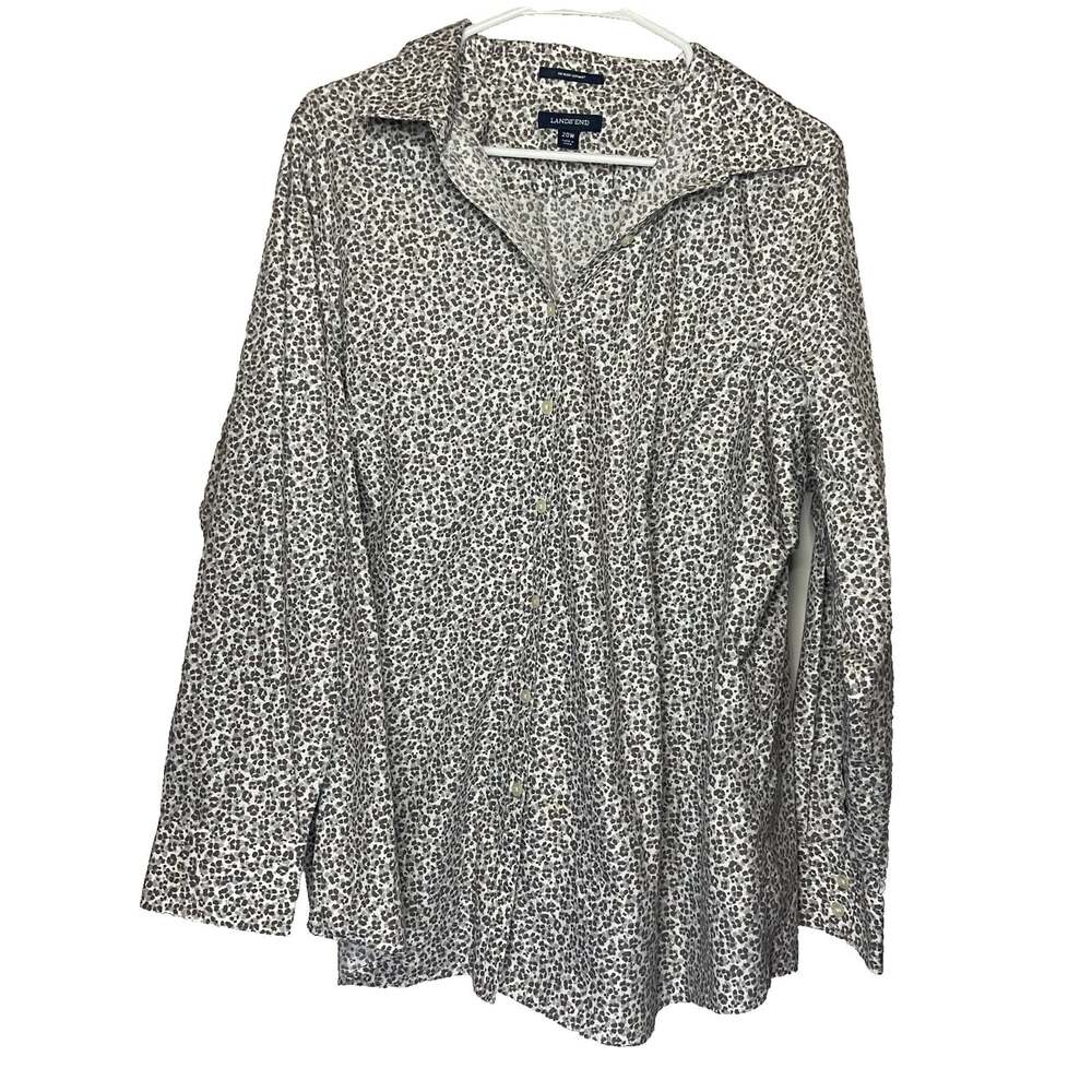 Lands End Women 20W Button Up Shirt Gray Leopard Long Sleeve No Iron Cotton Top